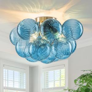 GoYeel Flush Mount Chandelier Gold, Kitchen Lights Ceiling Modern Glass Bubble Light Chandeliers 18.5" with 13 Swirled Blue Globe for Dining Room Bathroom Entryway Bedroom