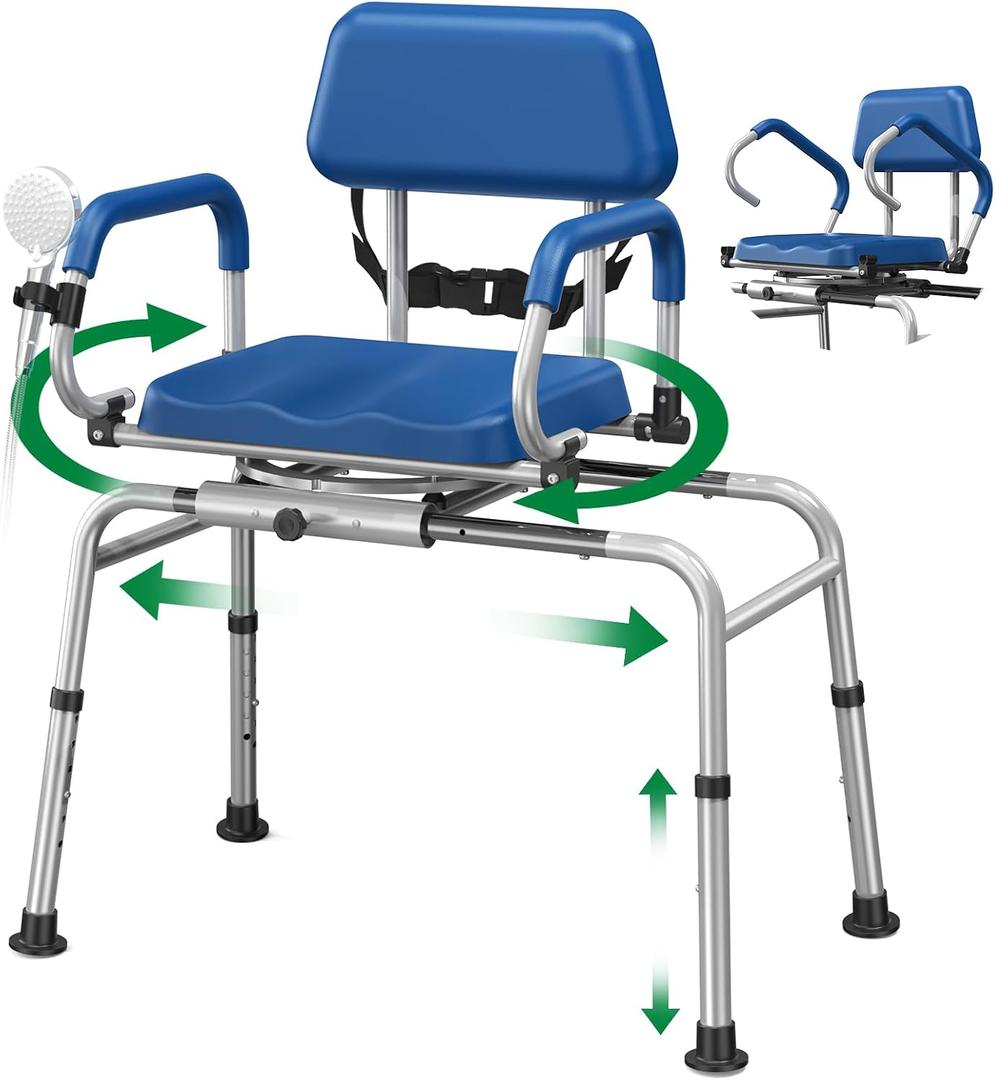 Loyoda FSA/HSA Eligible Sliding Shower Chair Tub Transfer Bench for Bathtub with Swivel Seat, Padded Shower Bench with Pivoting Arms, Height Adjustable Shower Seat, 350 lbs, Blue, Standard