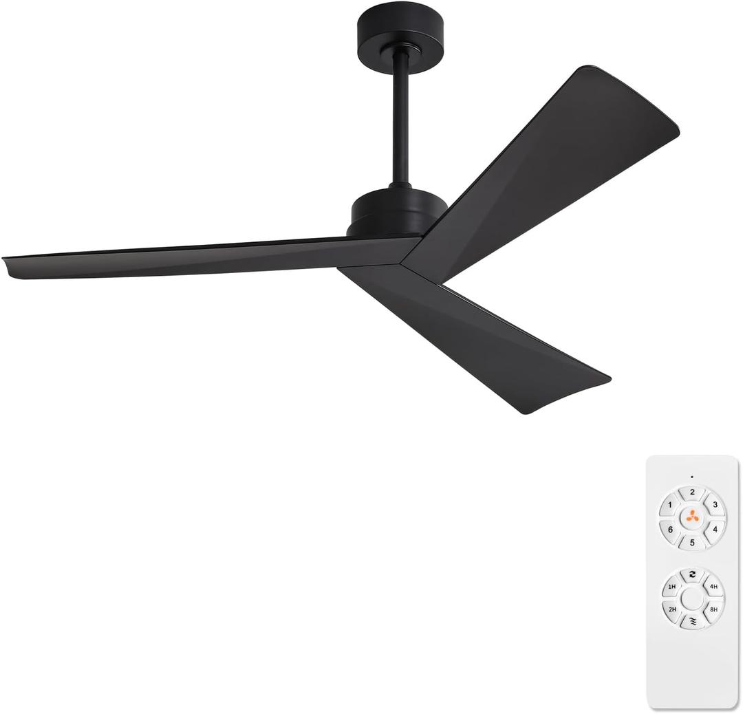 WINGBO 52" DC Ceiling Fan without Lights, Matte Black Ceiling Fan with Remote, 3 ABS Plastic Blades, 6 Speed Reversible DC Motor, Ceiling Fans No Light for Kitchen Bedroom Living Room