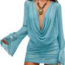 SOLY HUX Women's Summer Sheer Mesh Beach Mini Dress Draped Deep V Neck Bell Sleeve Swimsuit Cover Up Beachwear (Blue, L)