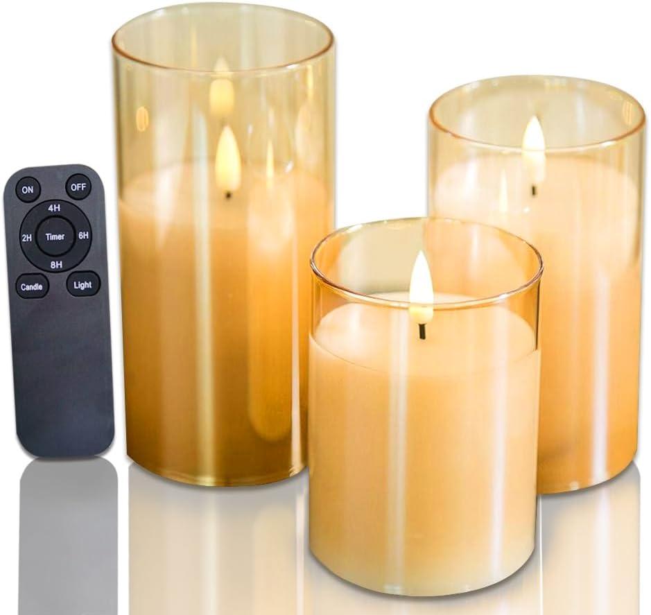 Real Wax Battery Operated Flameless Pillar Candles with Remote Timer Gold Glass Shell Realistic Black Wick Flickering Electric LED Lights for Wedding Halloween Christmas Decorations 3 Pack
