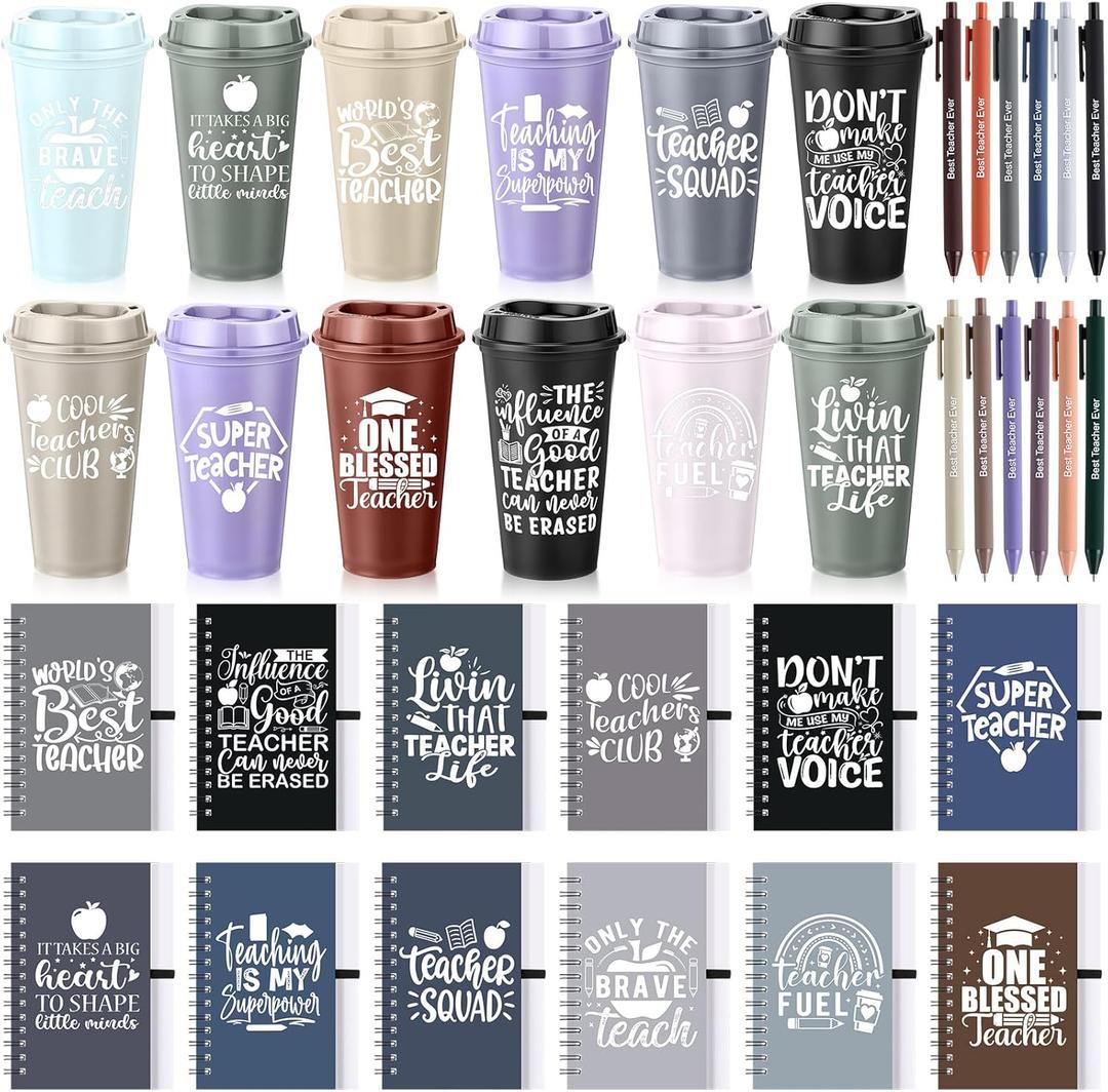 LemonRoad 36 Pcs Teacher Appreciation Gifts Bulk 16 oz Plastic Coffee Cup with Lid and Straw Notebooks and Pens Bulk Thank You Gift Set for Mentor Counselor (Teacher Wish,Morandi)