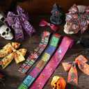 12 Rolls 60 Yards Day of The Dead Wired Edge Ribbons Black Purple Sugar Skull Flower Burlap Ribbon Dia De Los Meurtos Ribbon for Halloween Party DIY Craft Wreath Decor