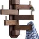 Coat Hooks for Wall, Oak Wood Wall Hooks with 5 Swivel Foldable Arms, 12'' Length Coat Rack Hat Hooks for Bathroom Entryway Bedroom Office Kitchen, Heavy Duty (Walnut)