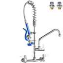 Akwadu Commercial Faucet with Sprayer 25" Height 8" Adjustable Center 10" Swing Spout,Brass Constructed Wall Mount Kitchen Sink Faucet with Pull Down Pre-Rinse Sprayer for 1/2/3 Compartment Sink