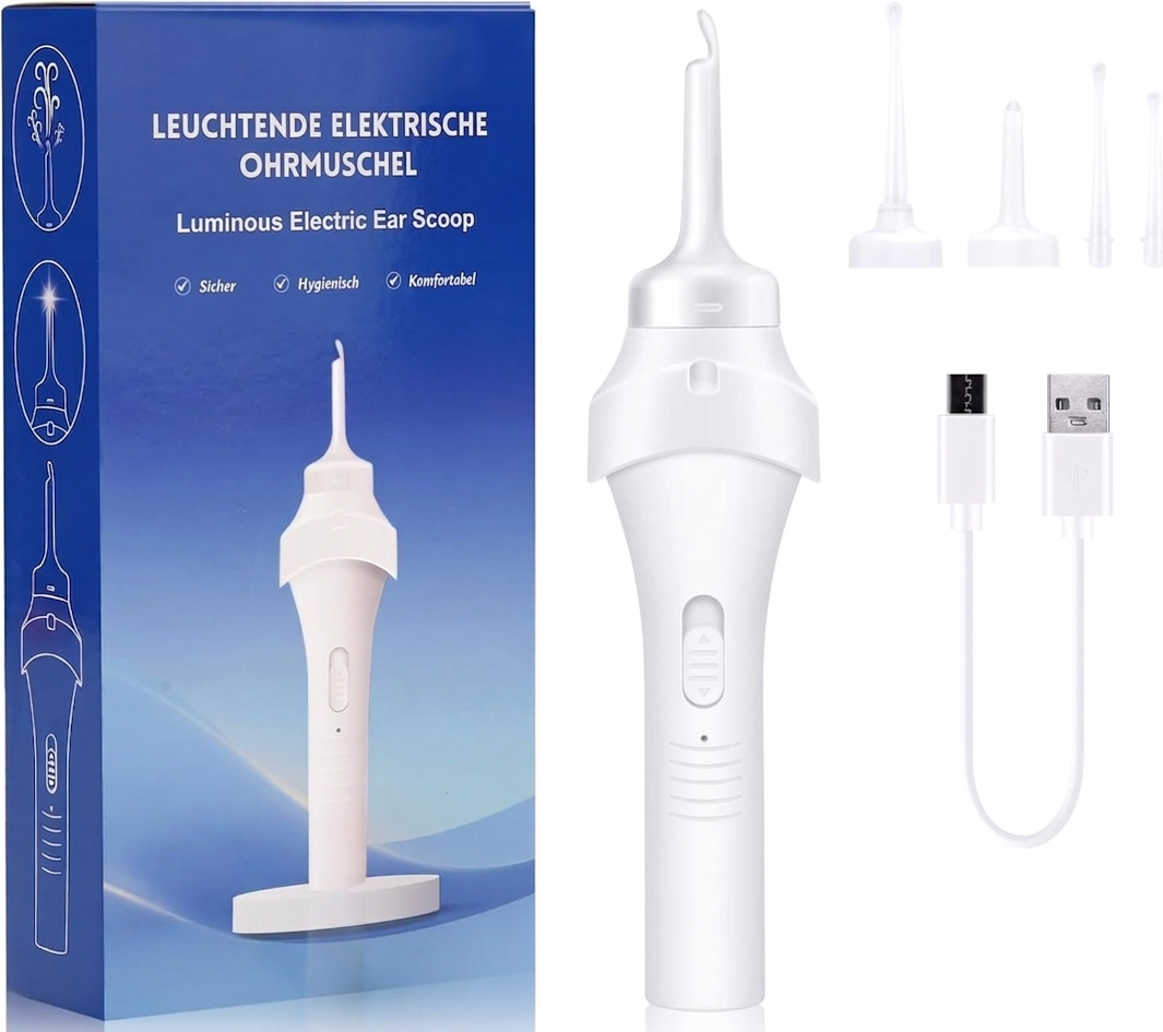 Earwax Remover Suction with LED Lamp, Low Noise, Electric Earwax Suction with 4 Washable Replacement Heads, White