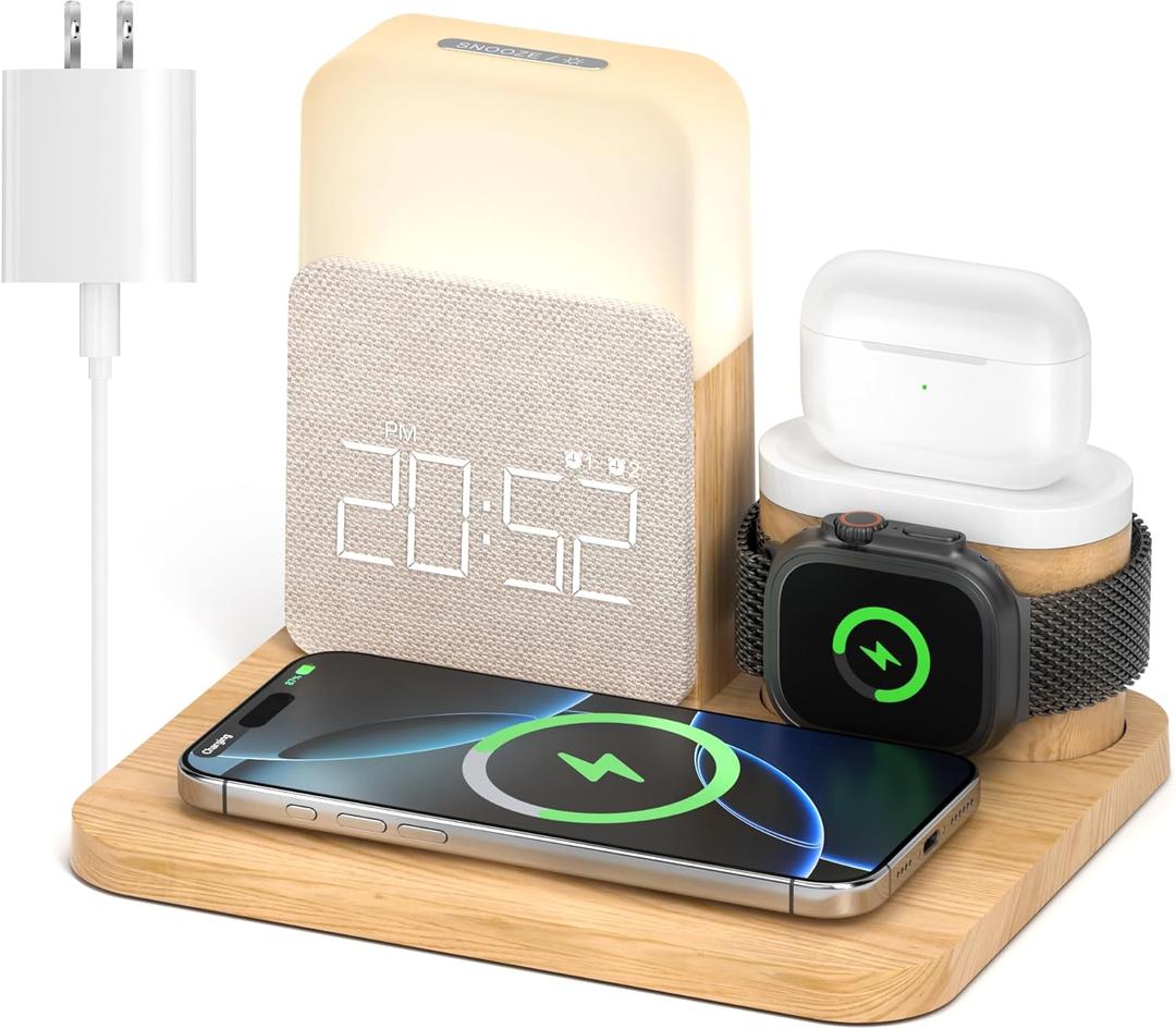 Alarm Clock Charging Station for Bedrooms, 7 in 1 Wireless Charging Station, Mag-Safe Charger with Night Light Bedside Clock for iPhone 16 15 14 13 12 Pro Max, Apple Watch, AirPods (Wood)