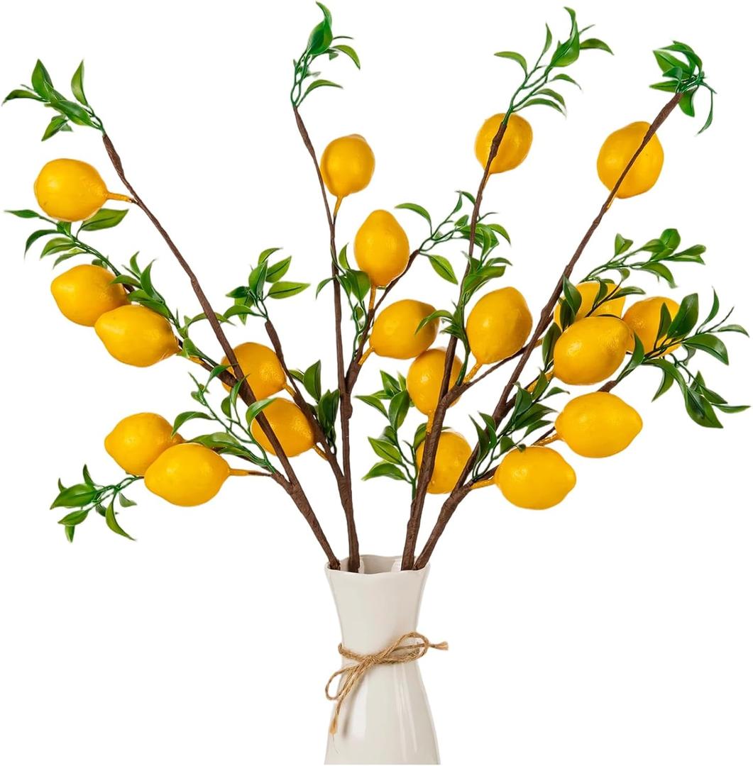 4Pcs Artificial Lemons Branch, 19 Inch Vivid Yellow Fake Lemons Branch with Green Leaf and Adjustable Branch, Lemon Decor for Home Kitchen, Graden, Office Desk, Party Summer Decorations
