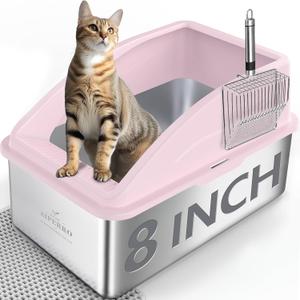 Stainless Steel Litter Box | XXL Deepened 8" Design Enclosed Box with Lid for Big Cats | High Sided, Anti-Urine Leakage | Non-Stick Bottom & Includes Litter Mat & Metal Scoop(Cute Pink)