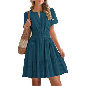 BTFBM Womens Spring 2026 Casual Mini Dresses Lightweight Short Sleeve V Neck Elastic Waist Cute Boho Beach Dress Pockets (XX-Large, Lake Blue)