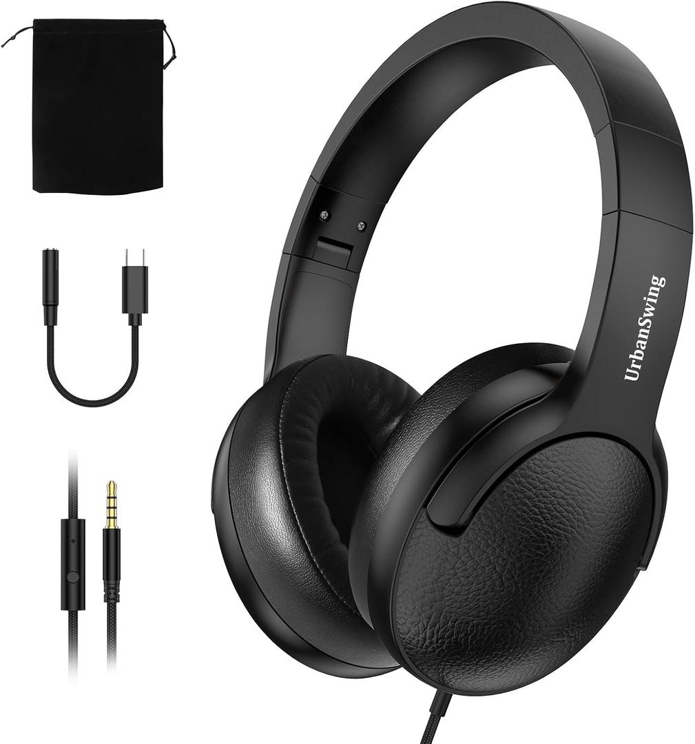 UrbanSwing W4 Corded Headphones with Mic, 3.5mm Jack & USB-C Headphone Adapter for iPhone, Samsung, iPad, Laptop, Mp3, 4.9ft Long Wire, Inline Control & Velvet Pouch, for School, Office, Travel, Black