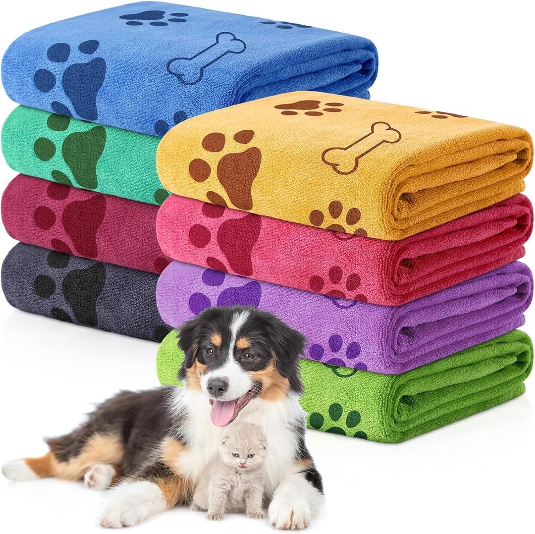 Chumia 8 Pcs Dog Towels for Drying Dogs Cats Pet Towels Bulk Puppy Microfiber Fast Drying Paw Bath Bathing Supplies Absorbent for Medium Pets(40 x 24 Inch, Dog Paw and Bone, Colorful)