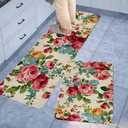 Kitchen Mats for Floor Set of 2 Pieces Kitchen Rugs and Mats Non Skid Washable Kitchen Floor Mat (Pink Red Roses Floral), 17''x47''+17''x30''