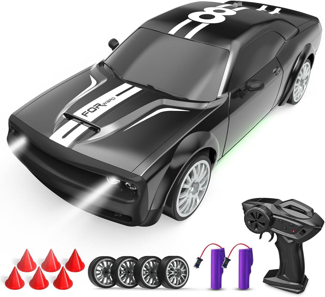 Remote Control Car RC Drift Car 2.4GHz 1:20 Scale 4WD 20KM/H High Speed Remote Control Cars Vehicle with LED Lights Drifting Tire 2Pcs Rechargeable Batteries Toy Cars for Adults Boys Girls (Black)