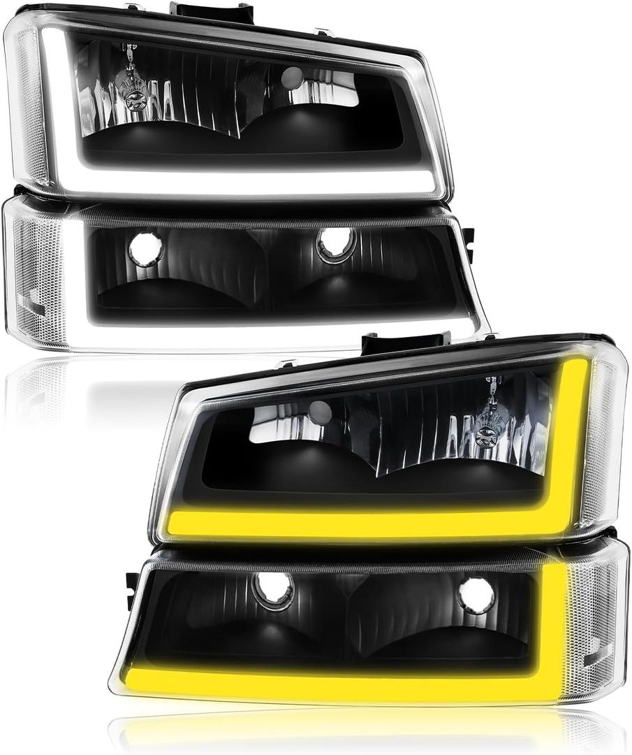 GORWARE Headlights for Silverado 2003 2004 2005 2006 2007, with LED DRL Tube + Sequential Switchback, Black Headlights Housing Assembly with Black Housing Clear Lens Clear Reflector