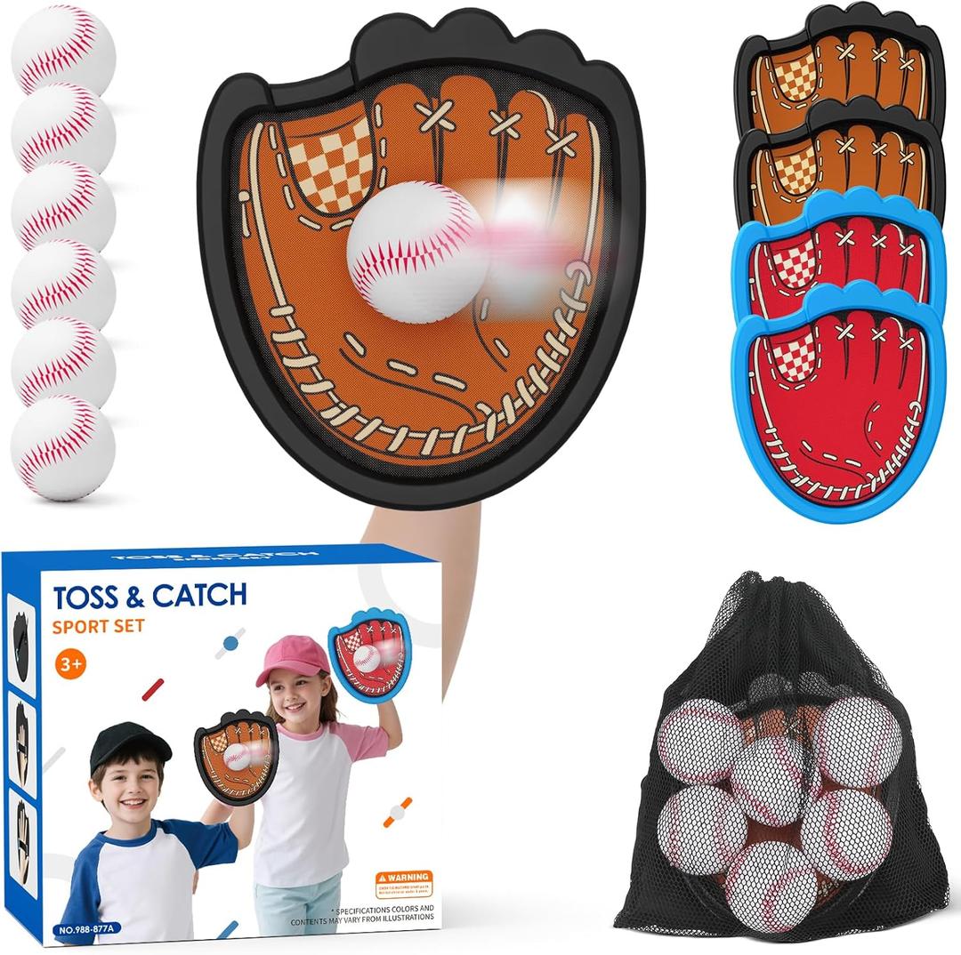Toss and Catch Ball Game, Outdoor Toys for Kids, Beach Pool Yard Games for Teens & Family, Toddler Baseball Glove Birthday Gifts for 3 4 5 6 7 8+ Year Old Boys & Girls (4 Paddles & 6 Balls)