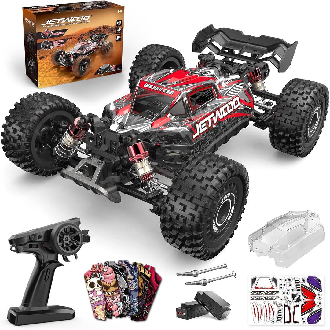 Jetwood 1/16 Fast Brushless RC Cars for Adults, Max 42 mph High Speed Remote Control Car for Boys, Electric RTR Race RC Truck, Oil-Filled Shocks RC Buggy, Offroad All Terrian JC16EP with 2 Lipo (Mars Red)