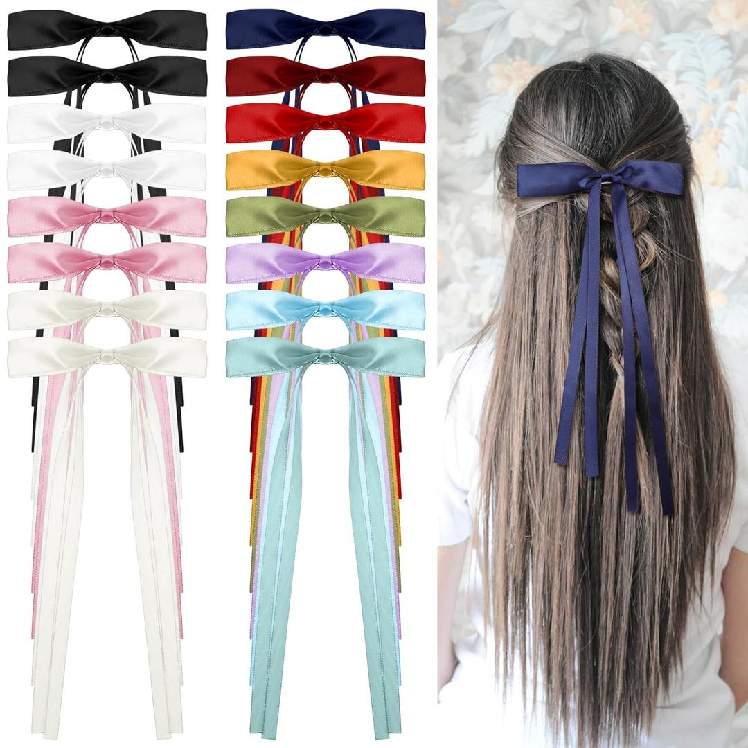 2 x 16 Pcs Hair Bows for Women Hair Ribbon Bowknot Hairs Bows With Long Tail Solid Hairs Bow Clips Barrettes for Women Accessories (12 Colors)