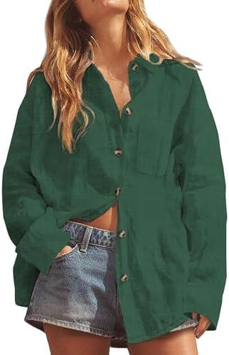 Dookttker Women's Cotton Linen Button Down Shirt V Neck Roll Up Long Sleeve Collared Blouse Loose Fit Casual Work Tops, M