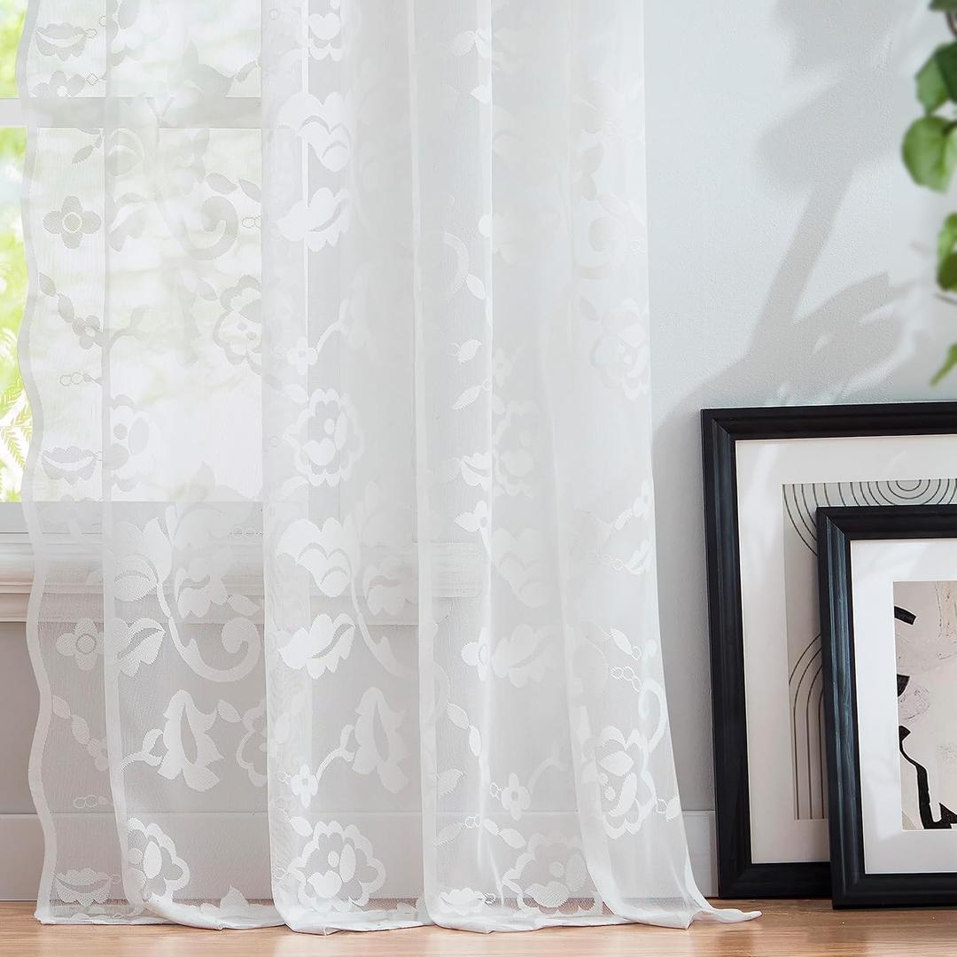 Jubilantex White Floral Lace Sheer Curtains with Decorative Scalloped Edge95 Inches Long for Bedroom Living Room Girl's Room,Set of 2 Panels,52" W