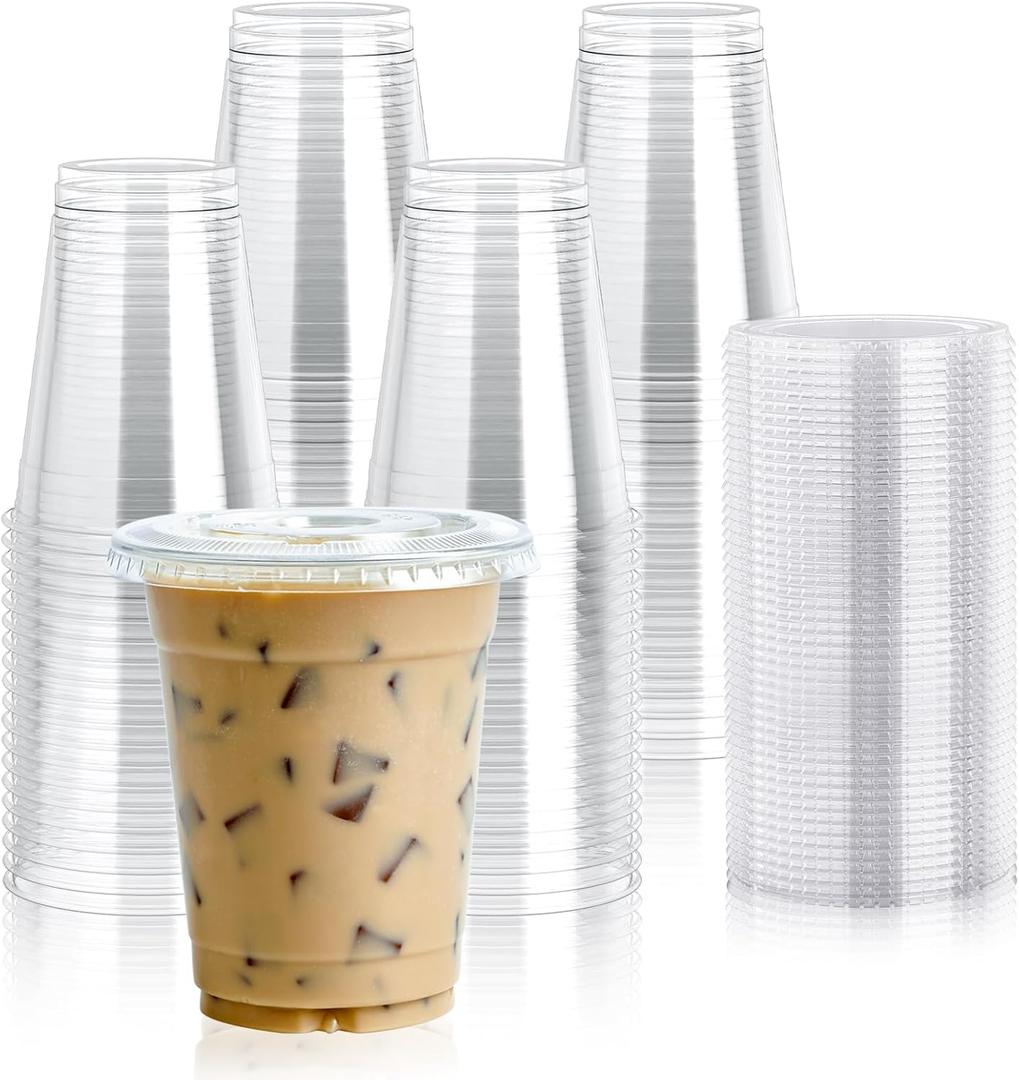 Lilymicky 90 Sets 16 oz Clear Plastic Cups With Flat Lids, 16 Ounce Disposable Drinking Cups With Lids for Ice Coffee, Smoothie, Slurpee, or Any Cold Drinks