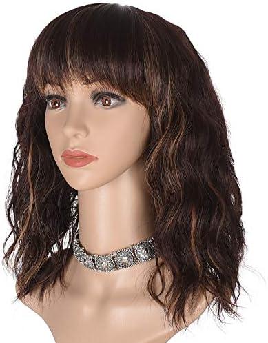 morvally Short Mix Brown Wavy Bob Wig with Bangs for Women 16 Inches Natural Synthetic Hair Wavy Wigs