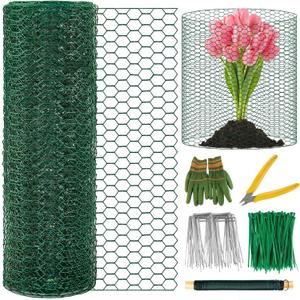 Convivium Plant Protectors from Animals, 0.8mm Free-Cut Green Chicken Wire Mesh, PVC Coated Tree Trunk Guard & Garden Fence for Outdoor Plants with Zip Ties, Stakes, Pliers, Gloves33Ft*16In