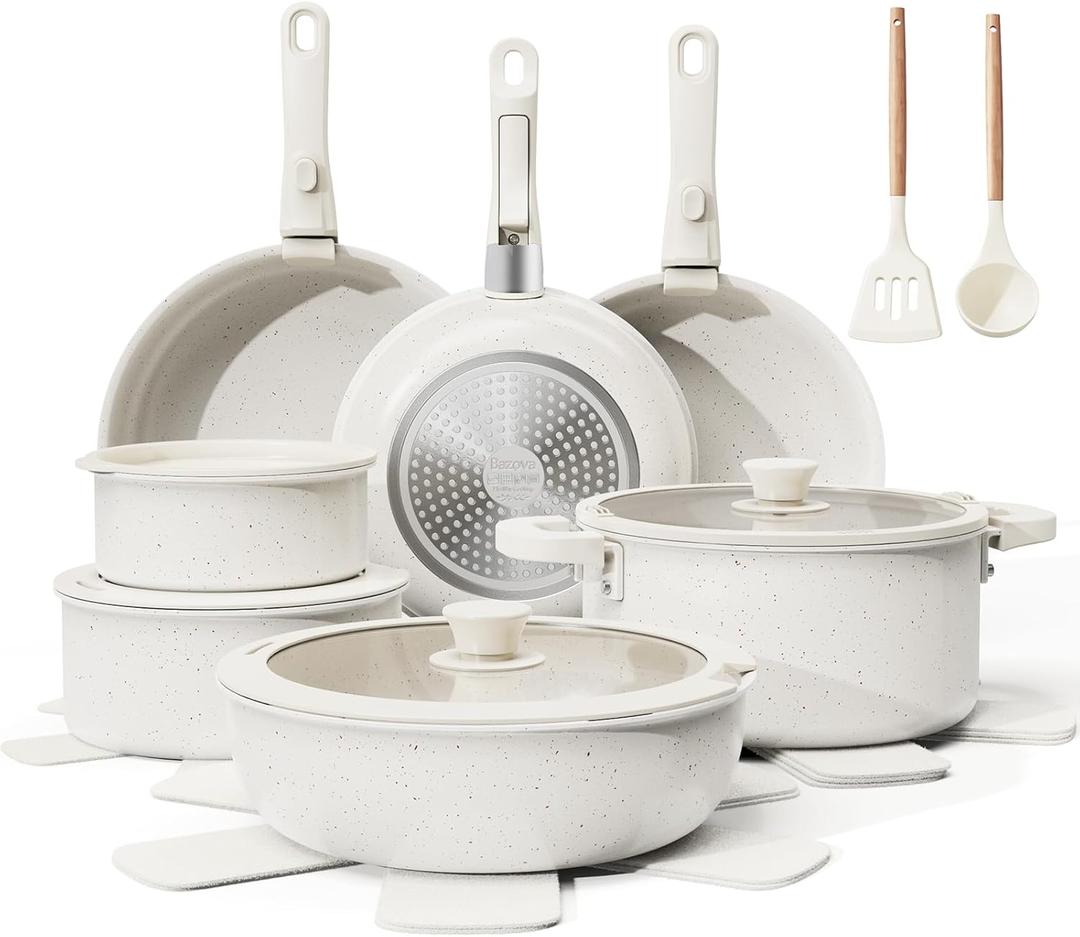 22-Piece Pots and Pans Set Non Stick with Removable Handles, Ceramic Cookware Set, Large-Capacity & Non Toxic, Induction & RV Compatible, Dishwasher Safe, PFAS/PTFE/PFOA Free, White