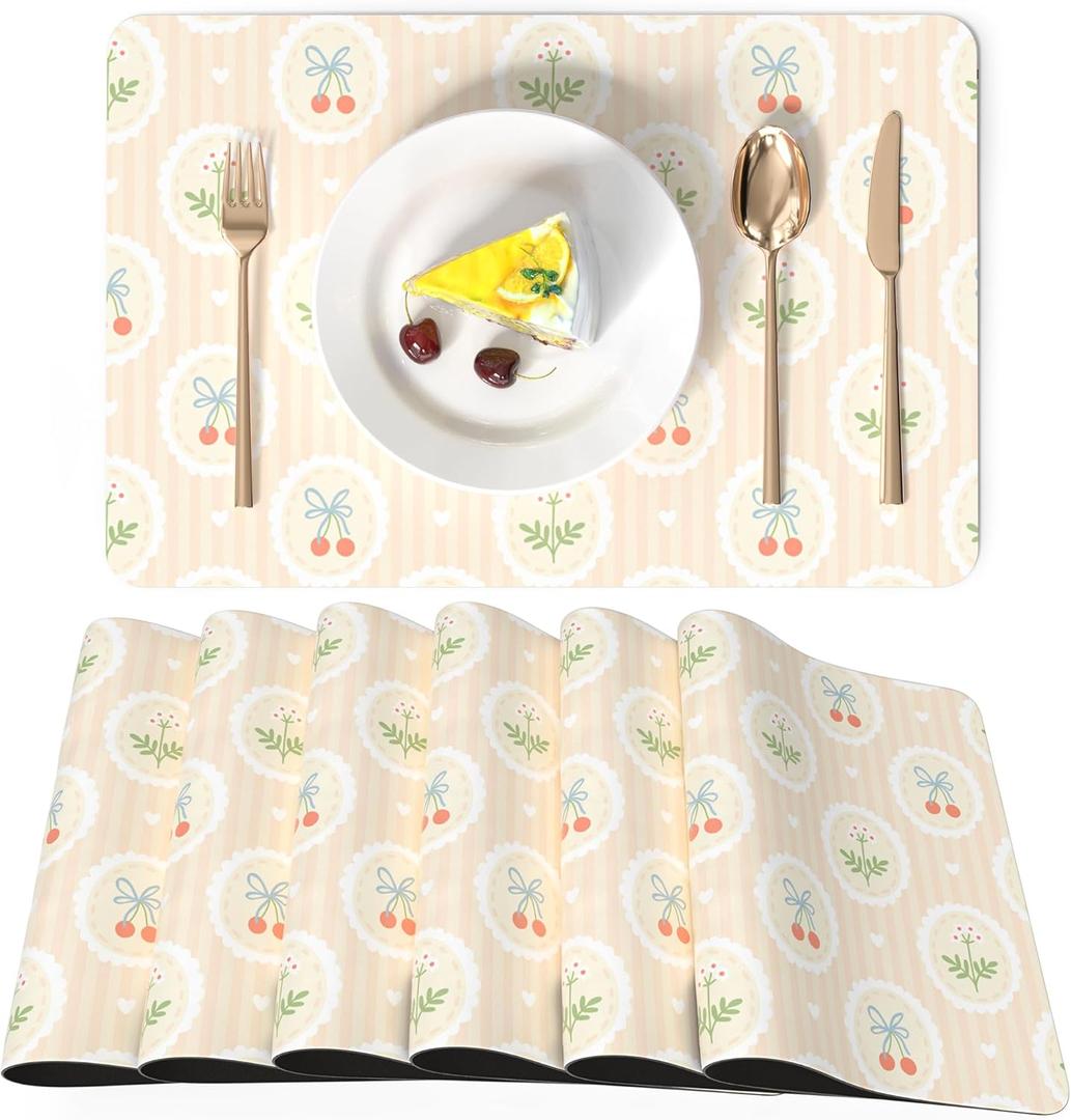 LilyCat Faux Leather Placemats Set of 6, Waterproof Oil-Proof Dining Table Mats for Kitchen, Indoor & Outdoor Heat Resistant Wipeable PU Place Mats, 18 12, Cherries and Flowers