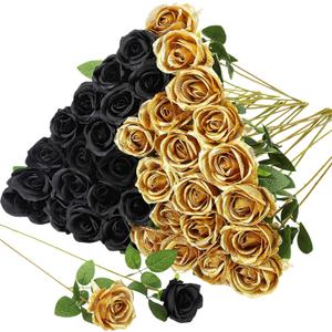 36 Pcs Silk Black Gold Rose Bouquet Bridal Artificial Flowers, Fake Rose Long Stem Realistic Flowers Bulk for Wedding Bouquet Ball Arrangement Centerpiece Party Decor