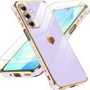 LeYi for Galaxy A16-5G Phone Case: with Tempered Glass Screen Protector [2 Pcs]+ Full Camera Lens Protection,Love Heart Plating Luxury Shockproof Case for Samsung A 16 5G, Purple