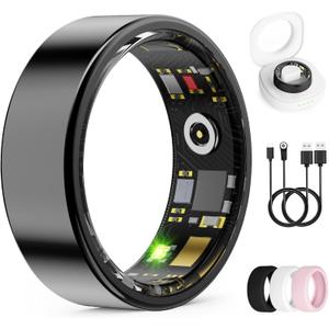 Smart Ring for Women & Men, Health Tracker Ring with Heart Rate, Blood Oxygen,Blood Pressure, IP68 Waterproof Fitness Ring, Sleep Tracker for iPhone and Android, No APP Fee (Black, 7#)