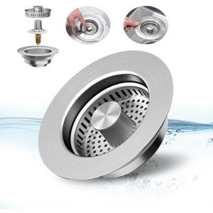 Upgraded 3 in 1 Kitchen Sink Drain Strainer  Stainless Steel Sink Stopper, AntiClogging Sink Food Catcher Basket, Fast Drainage Odor Filter Sink Plug for US Standard 3 1/2 inch Drain (Silver1Pack)