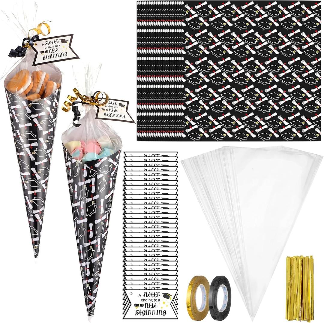Marspark 60 Set Graduation Treat Bags Class of 2026 Grad Party Favors DIY Cone-shaped Goodie Candy Grad Bags with Wrap Paper, Tags & Twist Ties for Gifts Wrapping Congrats Party Supplies