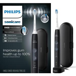 Philips Sonicare ProtectiveClean 5100 Rechargeable Electric Toothbrush, with Pressure Sensor, 3 Cleaning Modes, SmarTimer and QuadPacer, 14-Day Battery Life, Travel Case, Black, Model HX6850/60
