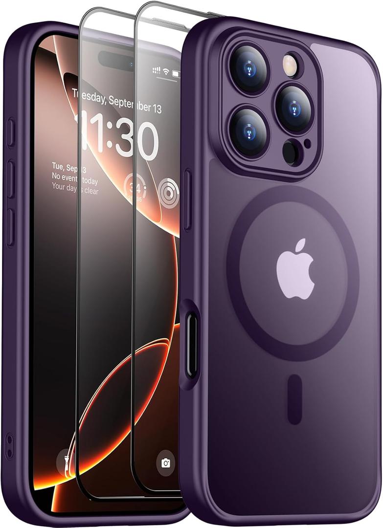 SPIDERCASE Magnetic for iPhone 16 Pro Max Case, Translucent Matte [2Pcs Tempered Glass Screen Protector] [Upgraded Full Camera Protection] Phone Case,Purple
