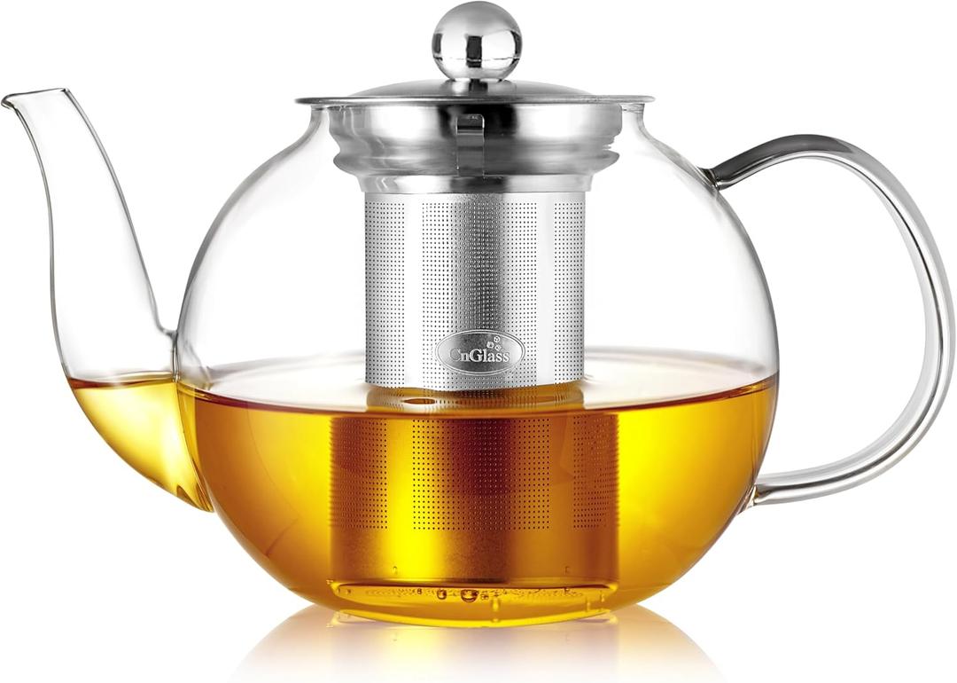 CNGLASS 900ml Glass Teapot with Removable Infuser,Clear Tea Kettle Stovetop Safe,Blooming and Loose Leaf Tea Maker (30.5oz/900ml)