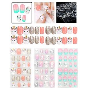 Rain Bingo 72 Pieces False Nails Press on Nails for Kids- Unicorn Short Fake Artificial Full Cover Nail Art Kits Transation with Nail Glue Tabs for Girls Children, Incomplete
