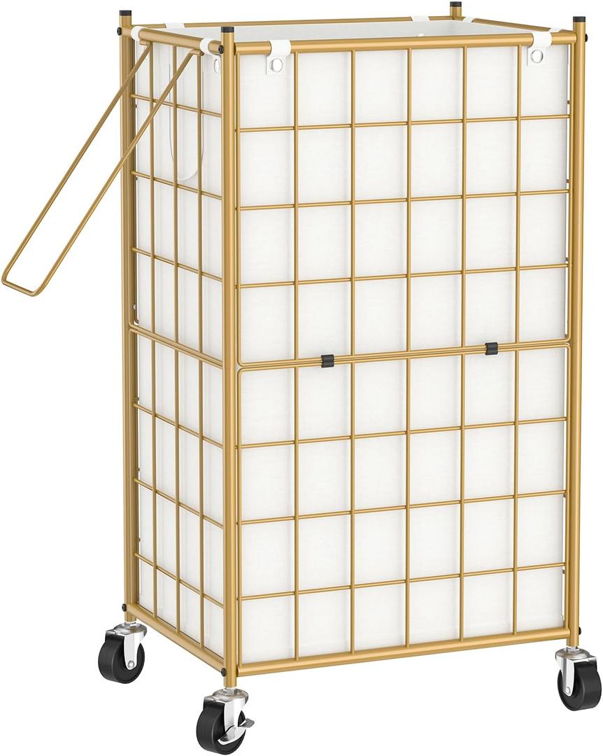 WOWLIVE Laundry Hamper with Wheels,Metal Wire Frame Rolling Laundry Basket with Removable bag,100L Dirty Clothes Hamper Organizer Dorm Room Storage for Bedroom,Bathroom,Golden (100L (16.9x 12.2 x 28.1 Inches))