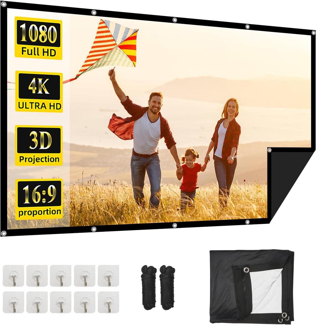 Projector Screen, Outdoor Projector Screen, Washable & Foldable - Ideal for Indoor/Outdoor Home Theater, Camping, Office, 16:9 Aspect Ratio, 4K HD, Projector for Movies On Wall
