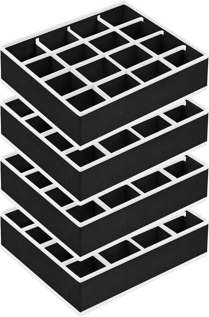 Joyoldelf Sock Drawer Organizer Divider Underwear Organizer 16-cell Fabric Dresser Drawer Organizers Storage Boxes for Socks Lingerie, Handkerchiefs, Ties 4 Pack (Black)