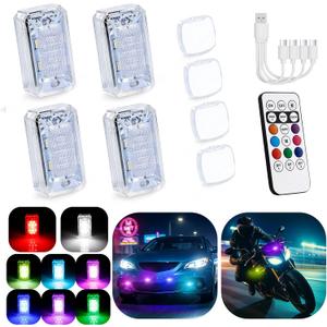 1797 Upgraded 11-LED Wireless Strobe Lights with Remote, Mini RGB Ambient Lighting for Car Exterior & Interior, USB-C 500 mAh Rechargeable Warning Flashing Light for Motorcycle RV Bike Scooter, 4PCS