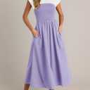 Wenrine Womens Casual Summer Midi Dress Smocked Cap Sleeve Crew Neck Color Block A Line Flowy Beach Dresses (Purple, M)