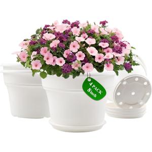 8 Inch Plastic-Flower Pot-for-Indoor Plants, 4 Pack Large Outdoor Planter Pot with Drainage Holes & Saucers, Resin Decorative Garden Pots Planters (White)