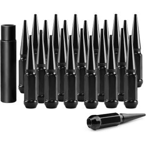 Set of 32, 14 mm x 1.5 Wheel Spike Lug Nuts, M14x1.5 Conical Bulge Seat, Closed End Spiked Lug Nuts with 1 Socket Key for Silverado Sierra 2500 3500, F250 f350 Aftermarket Wheel Black