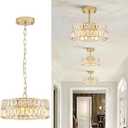 CATINER Small Gold Crystal Chandeliers, Modern Semi Flush Mount Chandelier 4-Light Drum Crystal Ceiling Pendant Light Fixture 12” for Foyer Entryway Kitchen Hallway Dining Room