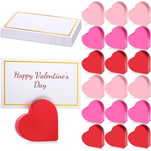Qunclay 18 Pcs Valentine's Day Wooden Heart Place Card Holder and 30 Pcs Gold Foil White Place Card Mini Love Table Sign Stand Small Photo Clip for Setting Wedding Bridal Party Decor(Cute Style)