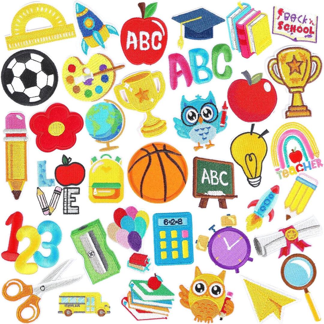 60pcs Theme School Iron on Patches Graduation Back to School Patches Pencil School Bus Embroidered Sew Applique Repair Patch Teacher Students DIY Crafts for Clothing Jacket Jeans Pants Dress Backpack