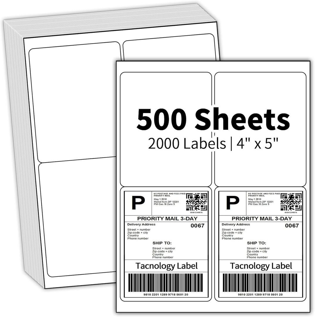 500 Sheets 2000 Labels 4x5 Shipping Label for Laser & Inkjet Printers, Permanent Adhesive, 4 Labels per Page, A4 Size, Perfect for Mailing & Addressing