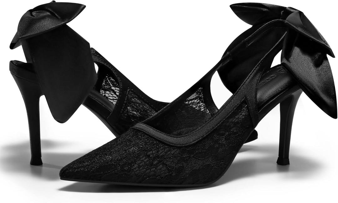 Coutgo Womens Slingback High Heels Bow Closed Pointed Toe Lace Patchwork Party Dress Shoes (8.5, Mesh Black)